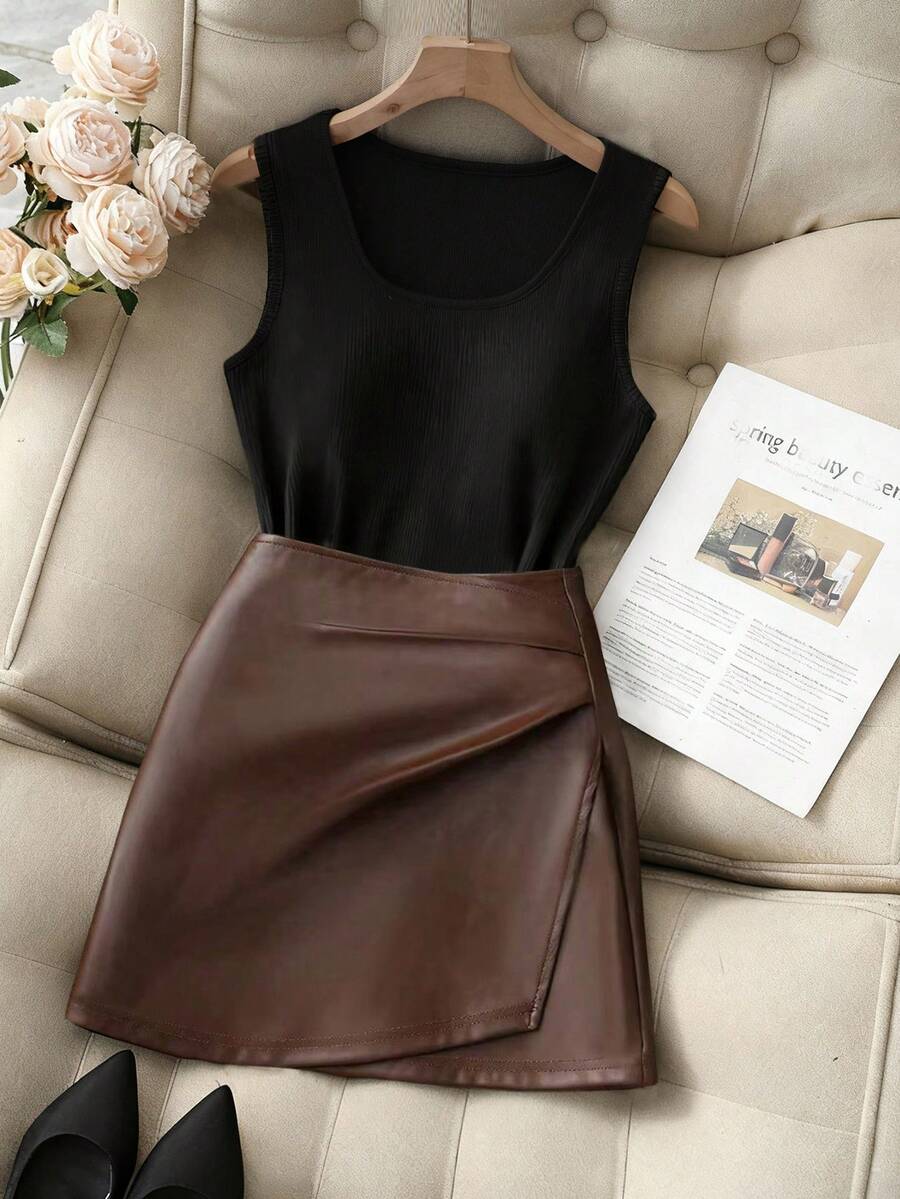 Franclia 女士优雅通勤针织两件套，包括女士优雅修身上衣和女士通勤中长裙，秋冬季 - 彩色 - 查看 1