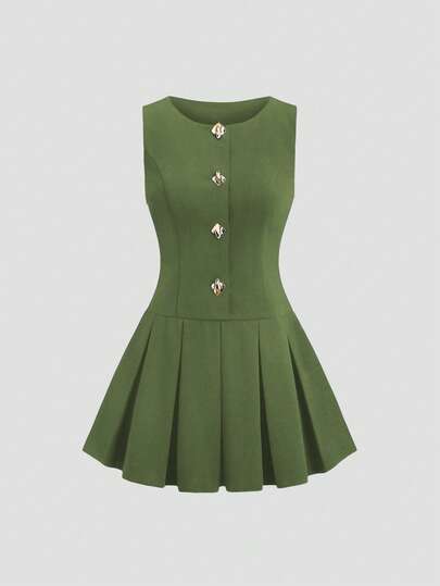 Sweetra 春夏针织褶皱方领金属扣装饰下摆褶裥优雅通勤女短裙