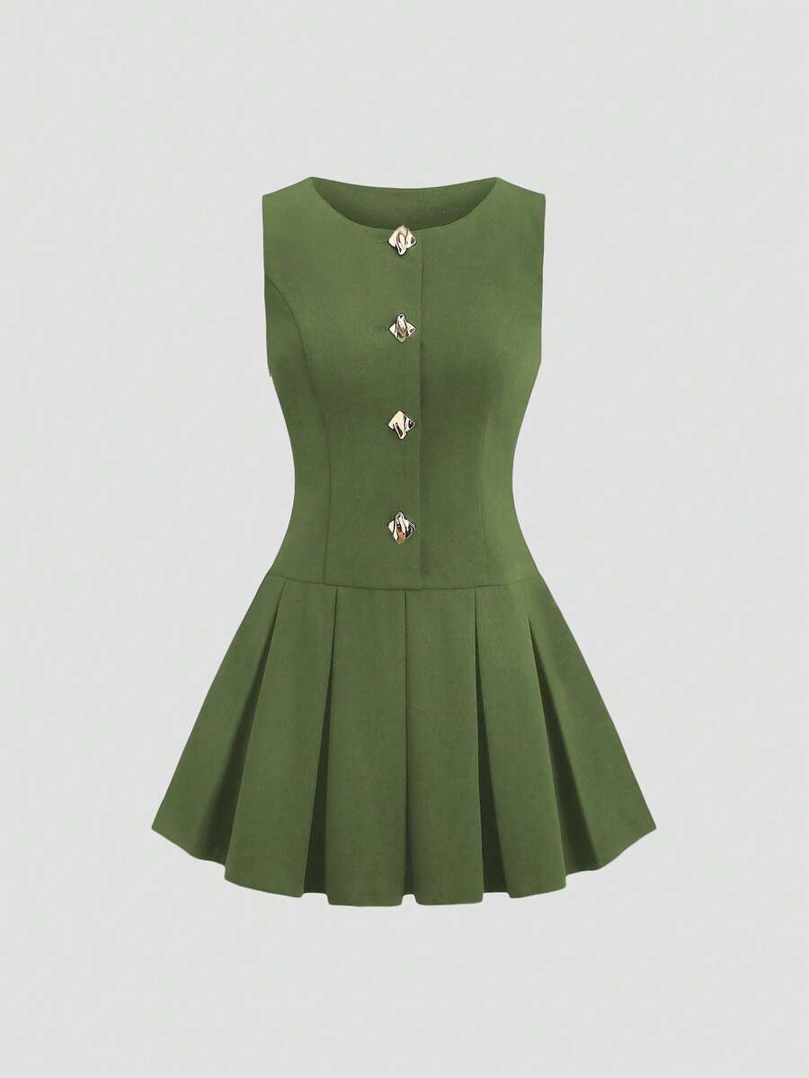 Sweetra 春夏针织褶皱方领金属扣装饰下摆褶裥优雅通勤女短裙 - 綠色 - 查看 1