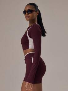 Musera Sport Top corto de manga larga con recorte en la espalda, ajustado, para actividades deportivas de invierno, gimnasio y entrenamiento, de aleación - Burdeos - Ver 3