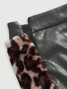 ROMWE Hippie 千禧宝贝复古嬉皮风动物纹人造毛皮拼接低腰PU迷你半身裙（女款） - 深灰色 - 查看 3