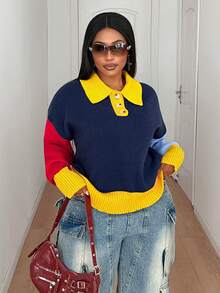 Maweii Femmes Décontracté Simple Polyvalent Style Universitaire Jeune Mode Navetteur Rue Fête Polo Chemise Bouton Manches Longues Épaule Tombante blocs de couleurs Col Ample Droit Ajusté Plus Taille Tricot Pull Top, Automne Hiver - Multicolore - Voir 5