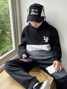 SHEIN Little Byeori 2 件装青少年男孩、运动、学院风、复古、有缝线、连帽运动衫和裤子套装、适合儿童服装、幼儿男孩服装、返校男孩套装、适合生日派对、晚会、表演、婚礼、洗礼、开幕式、日常使用、适合上学、适合旅行、适合运动、适合春秋冬