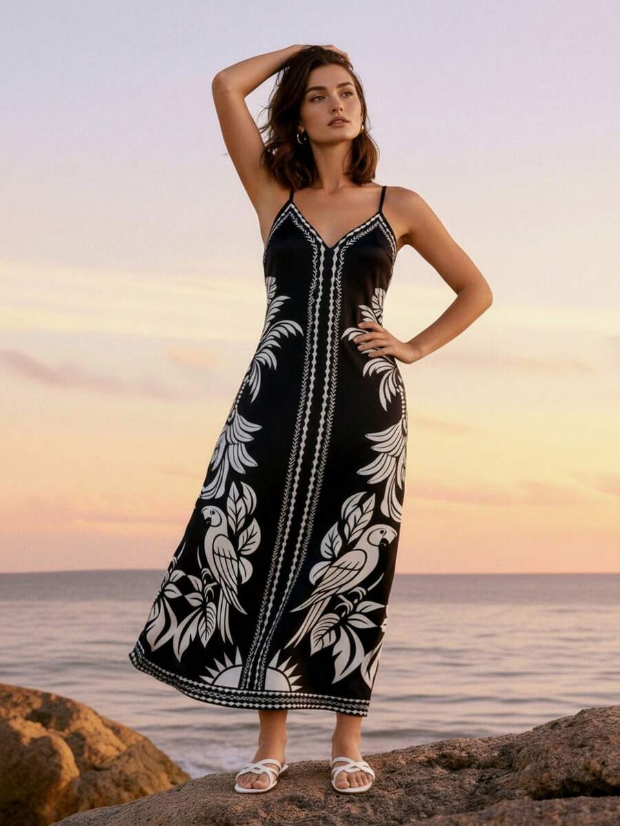 CAJUNI 女款黑白配色夏季波西米亞風熱帶流蘇度假長洋裝,寬鬆版型細肩帶V領藝術鸚鵡葉片印花沙灘度假風 - 黑與白 - 查看 1