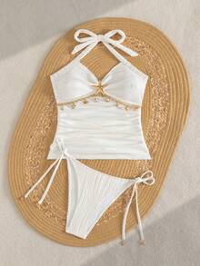 Swim Vcay 女士夏季度假休闲沙滩装纯白色两件套，吊带系带，海星贝壳装饰背心和比基尼，特殊纹理面料泳衣套装 - 白色 - 查看 4