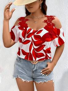 EMERY ROSE Plus Size Summer Casual Vacation Floral Off-Shoulder Blouse,Print Red Top,Casual Blouses For Women - Red and White - View 3