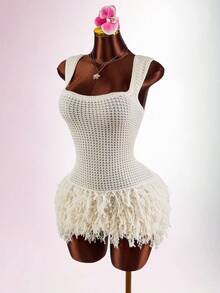 Amplova Váy dệt kim mini viền tua rua gợi cảm thời trang nữ - Màu be - Xem 2