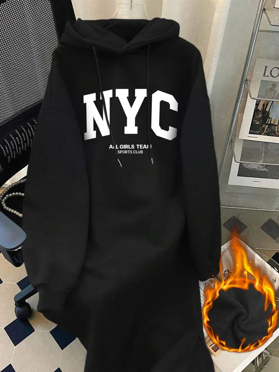 EMERY ROSE Women's Black Plus Size Curve Fleece Hooded Dress With Drawstring And New York NYC Letter Print ,Long Sleeve Sweathirt Graphic Outfit - Black - View 1