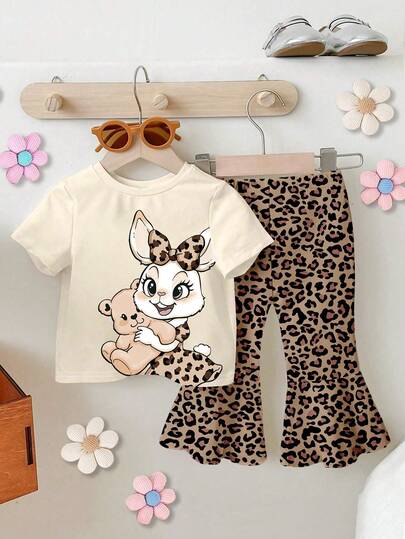 1 Set Baby Girls Lovely Rabbit Ear Leopard Print Round Neck Short Sleeve T-Shirt And Brown Knit Leggings Cute Outfit, Leopard Print T-Shirt Set, Cartoon Rabbit Print Clothing