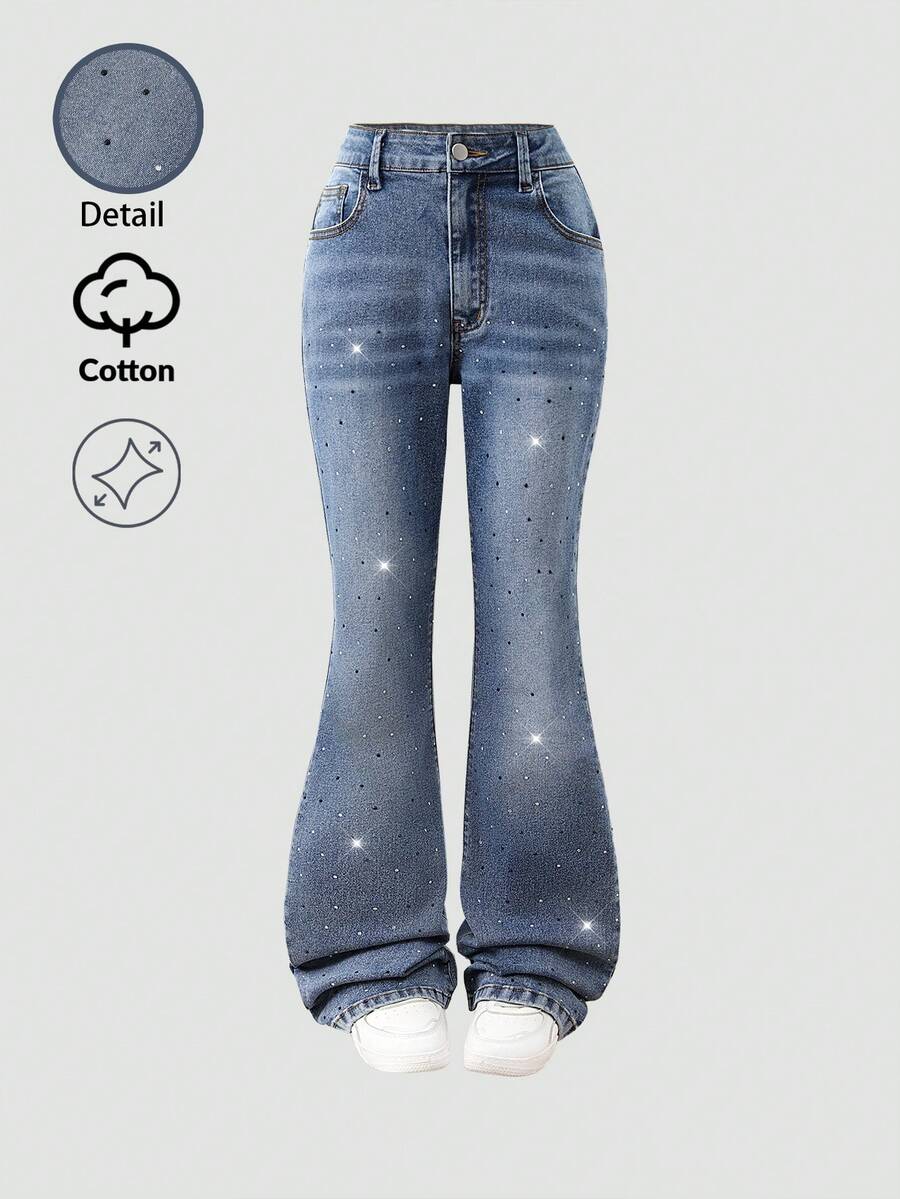 SHEIN Quần jeans ống loe co giãn rách nhẹ đa năng phong cách Y2K dành cho nữ tuổi teen, có thể phối cùng áo dài tay. - Màu xanh lam - Xem 1