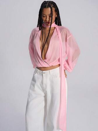 TypaGal 女士纯色深V领落肩长袖时尚性感上衣