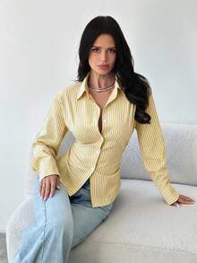 Firerie Women's Blue And White Striped Long Sleeve Shirt, Tie-Waist Shirt, Casual Commuter Shirt, Vacation Shirt, Cinched Waist Striped Shirt, Suitable For Spring, Summer, Autumn And Winter, Elegant, Vacation, Bohemian, Work Attire - Yellow - View 3