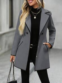 EMERY ROSE 女士休闲翻领双排扣长袖羊毛混纺外套，秋冬款 - 灰色 - 查看 5