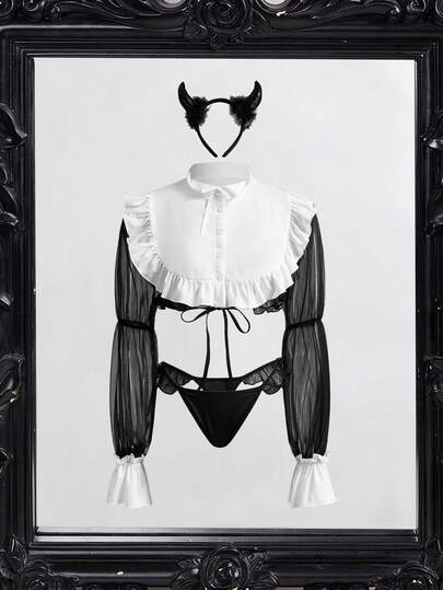 Fantasy Costume 3 piezas Disfraz de Sirvienta Diablo Lindo para Mujer, Contraste Negro y Blanco, Ribete de Volantes, Recubierto de PU, Decoración de Lazo, Adecuado para Fiesta, Bar, Festival de Música