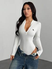 SHEIN PETITE 2pcs Women Casual Stand Collar Half Zip Front Skinny Bodysuit Set, Ribbed Fabric, Riding Horse Logo Print Autumn And Winter - Multicolor - View 7