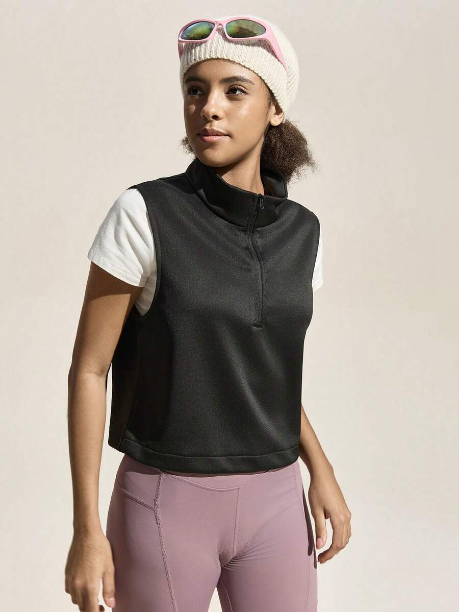 SHEIN Sports Women's Solid Color Zipper Half Placket Outdoor Vest With Adjustable Belt  Workout Exercise Jogging Vest - Black - View 1