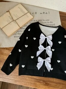 SHEIN LMoss Kids Young Girl Cute Versatile Heart & Bow Knitted Cardigan, Autumn/Winter - Black and White - View 6