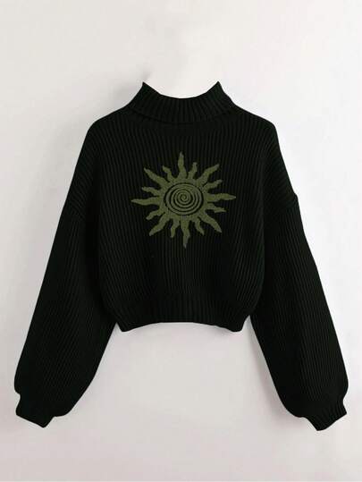 Hippie Stehkragen Laterne Ärmel Muster Pullover, Langarm Oberteile