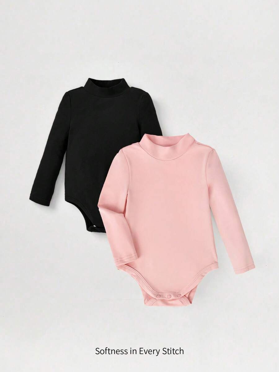Cozy Pixies 2件装女婴纯色舒适百搭长袖连体衣,女婴连体衣,婴儿服装,女婴黑白粉色,女婴长袖泳衣,女婴连体衣,冬季女婴服装,立领 - 彩色 - 查看 1