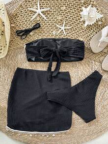 Swim Oasis Bộ đồ bơi đi biển 3 mảnh vải bong bóng họa tiết màu đen không dây gợi cảm cho nữ - màu đen - Xem 6