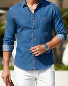 Camisa de mezclilla para hombre manga larga con bolsillo frontal - Azul Blinch - Ver 4