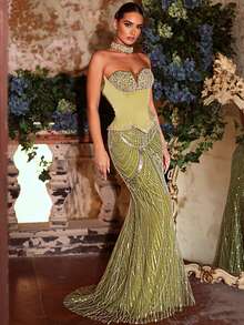 Glamrae Váy đuôi cá hở vai đính cườm và sequin sang trọng, thanh lịch, 2 trong 1, thích hợp cho đám cưới, tiệc tùng, kỳ nghỉ, dạ hội, váy dạ hội (được tô điểm nhiều) - màu xanh lá - Xem 2