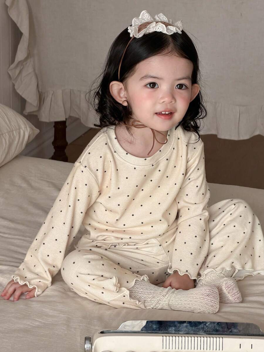 DAZY 2pcs Baby Girls Polka Dot Round Neck Casual T-Shirt And Pants Homewear Set Spring - Apricot - View 1