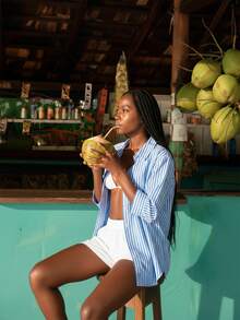 CAJUNI 女式条纹七分袖单排扣休闲宽松衬衫 - 藍色 - 查看 2