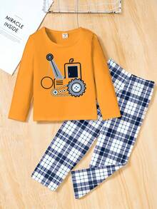 Young BoyOrange Crew Neck Long Sleeve Top With Construction Vehicle Print, Paired With Blue & White Plaid Loose Fit Knit Pants, Comfortable 2-Piece Pajama Set - Multicolor - View 4