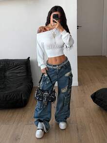 Coolane Sudadera gris básica de manga larga y hombros descubiertos para salir, estilo urbano de otoño/invierno para mujer - Blanco - Ver 4