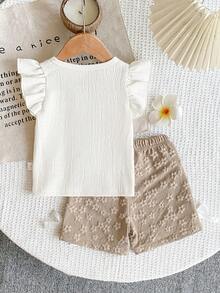 SHEIN 2pcs Baby Girls Casual Flutter Sleeve Top And Shorts T-Shirt Set - Multicolor - View 2