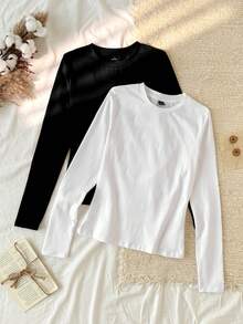 Tseoso 2件黑白休闲长袖修身长T恤套装，适合秋冬季