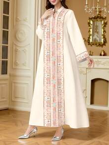 SHEIN Najma Women's Geometric Pattern Faux Embroidery Digital Print V-Neck Long Sleeve Elegant Arabic Maxi Dress, Spring/Autumn Kaftan Jalabiya Dress - Multicolor - View 4