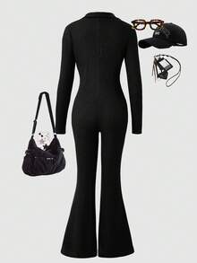 Sparklyn Teen Girl Grey Ribbed Knit Long Sleeve Jumpsuit With Front Opening - Black - View 2