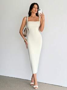 SHEIN Tall Váy hai dây hở lưng buộc dây trơn, Váy mùa hè cho nữ, Váy dự tiệc trà - trắng - Xem 1