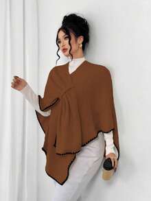 Elenzga Poncho de suéter de corte holgado y elegante para mujer de talla grande, adecuado para ropa de abrigo de otoño/invierno - Café integral - Ver 4