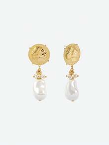 Opalesca Bông tai mạ vàng 18K với họa tiết mặt người và ngọc trai tự nhiên, kiểu dáng phóng khoáng, phù hợp với nhiều trang phục, phong cách cổ điển, phụ kiện cưới/cô dâu, trang sức phương Tây, phong cách thần tiên/cổ tích, ngọc trai, mùa thu/đông, dành cho mẹ/phụ nữ/cô gái/người mẹ, thanh lịch. - Vàng - Xem 5