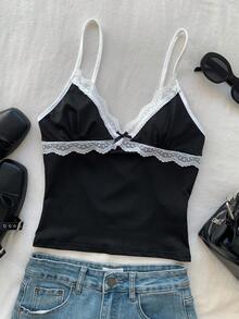 SHEIN EZwear Summer Casual Black Lace Women's Tank Top Sexy - Black - View 5