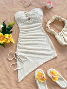 Soleia Abito mini asimmetrico da donna in tessuto jacquard lavorato a maglia giallo-verde, con laccetti laterali e orlo con stringhe, stile vacanza - Albicocca - Visualizzare 1