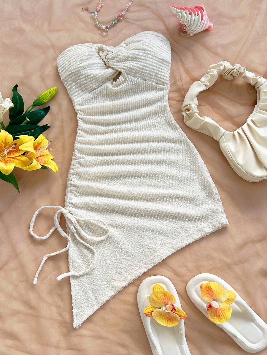 Soleia Abito mini asimmetrico da donna in tessuto jacquard lavorato a maglia giallo-verde, con laccetti laterali e orlo con stringhe, stile vacanza - Albicocca - Visualizzare 1