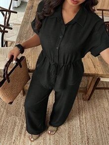 Weeklong Plus Size Women Solid Color Short Sleeve Single-Breasted Shirt And Wide Leg Pants Casual 2 Pieces Set - Black - View 5