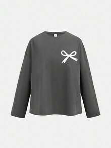 SHEIN Girlism 2 Stücke/Set Teenager Mädchen Lässiges, locker sitzendes Raglan-Ärmel Crew Neck Grafik T-Shirt & Shorts Set, leichter Strick Pullover & Kordelzug Shorts, geeignet für den Alltag, Feiertage, Outdoor-Aktivitäten - Dunkelgrau - Übersicht 3