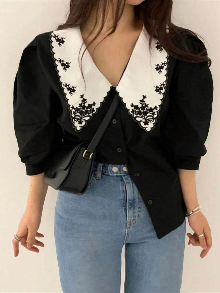 INAWLY Plus Size Shirts Simple And Stylish Casual Everyday - Black - View 1