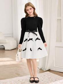 SHEIN 1pc Girls Crew Neck Long Sleeve Ribbed Knit Patchwork Floral Hem Dress, Sweet & Ladylike, Autumn - Multicolor - View 4
