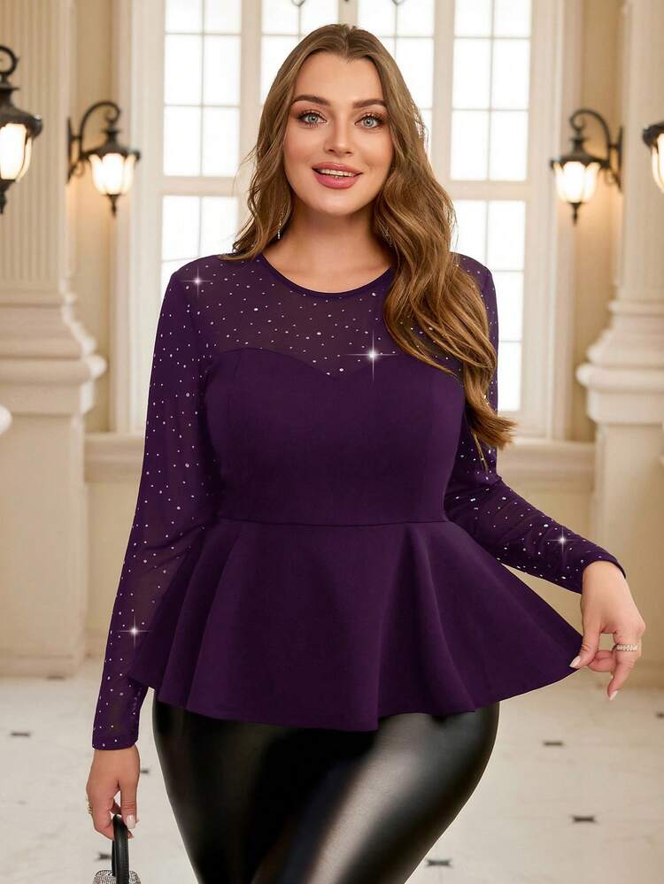 Gownix Plus Size Black T-Shirt With Mesh Panels And Ruffle Hem, Suitable For Carnival Season, Autumn - Purple - View 3