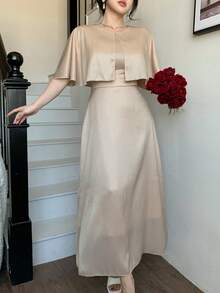 DAZY Women's Round Neck Shawl Collar Satin Elegant Dress - Apricot - View 6