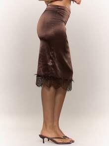 MUSERA Chân váy midi cạp thấp bằng satin viền ren, kiểu dáng suông, thích hợp đi chơi, dạo phố, dễ thương, gợi cảm, dự tiệc đêm, mát mẻ mùa hè. - Cà phê nâu - Xem 3