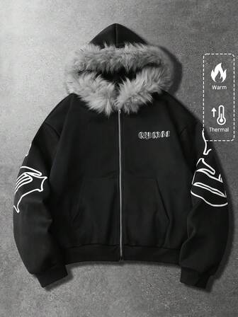 Street Life Sudadera con capucha con estampado gráfico y forro polar para hombre, con cuello de piel, para otoño/invierno