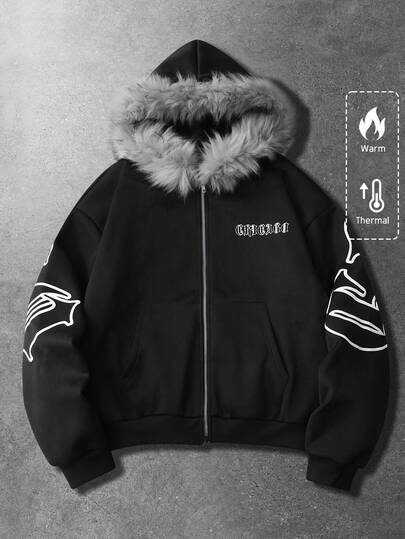 Street Life sweat-shirt à capuche doublé de polaire avec col en fourrure, imprimé graphique pour hommes, automne/hiver