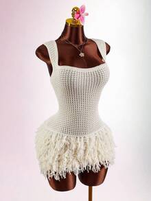 Amplova Váy dệt kim mini viền tua rua gợi cảm thời trang nữ - Màu be - Xem 4